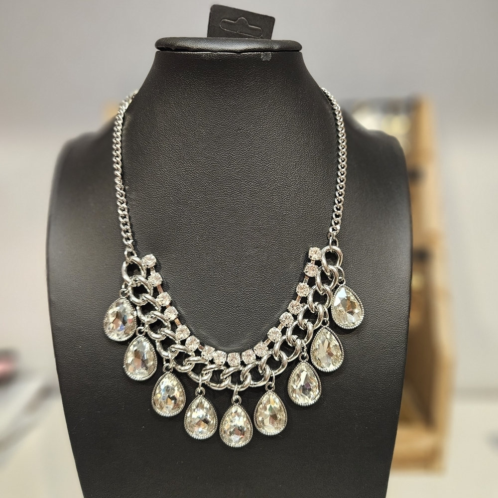 Sparkly Silver Teardrop Layered Chunky Statement Necklace Women's Jewelry